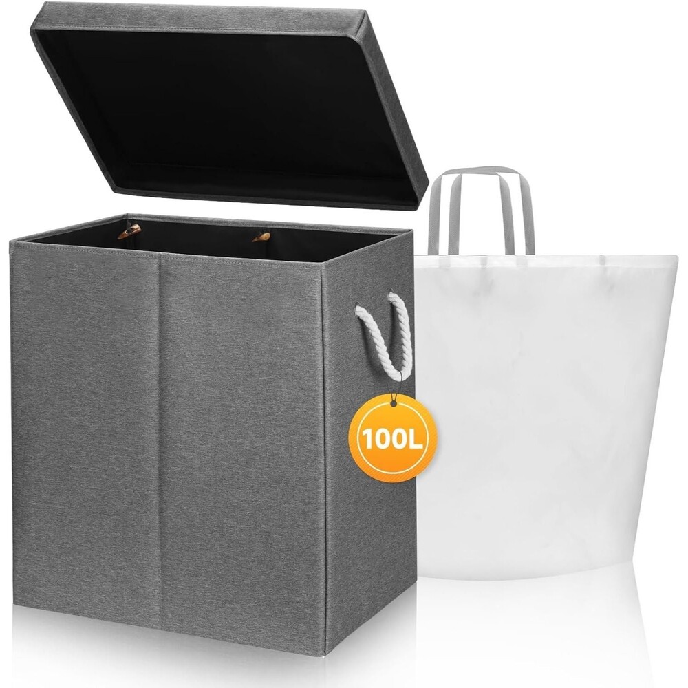 Limoomil 100L Laundry Hamper with Lid and Handle, Collapsible Laundry Basket
